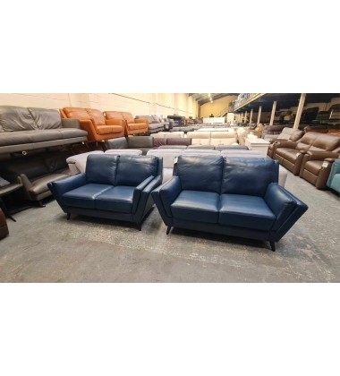 New Fellini blue leather pair of 2 seater sofas