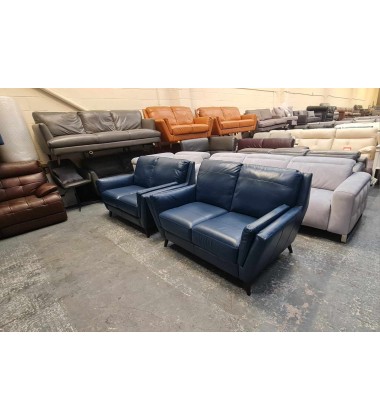New Fellini blue leather pair of 2 seater sofas
