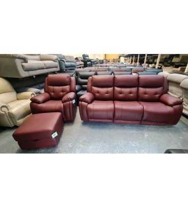 La-z-Boy El Paso red leather manual recliner 3 seater sofa, armchair and puffee
