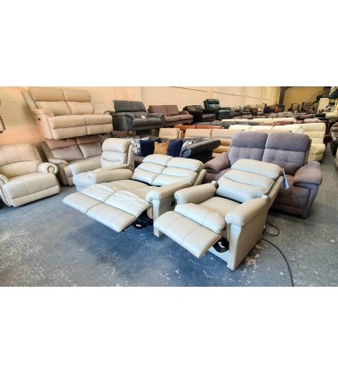 La-z-boy Tulsa grey leather recliner 2 seater sofa and 2 armchairs